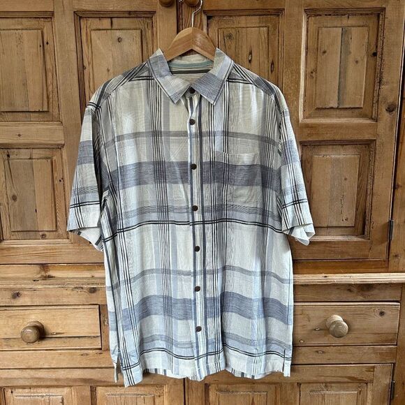 Tommy Bahama Medium Silk Button Front Shirt Short Sleeve White Gray Plaid - Picture 2 of 13
